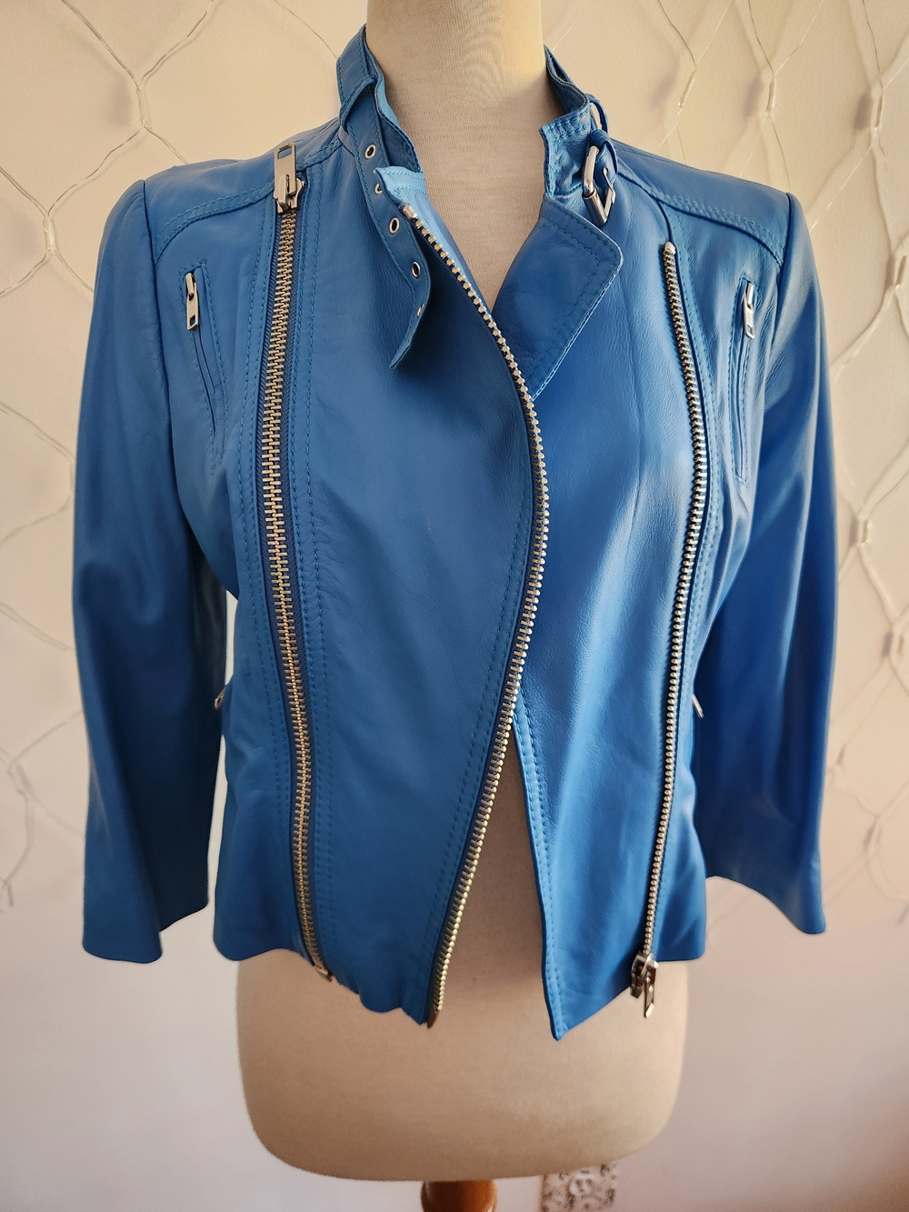 Catherine Malandrino Bright Blue Leather Moto Jacket w/ Silver Hardware • Size 4